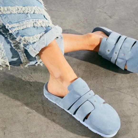 Free People Sunday Season Footbed Mules Suede Slip On Blue Bell Size 38 - Picture 9 of 9